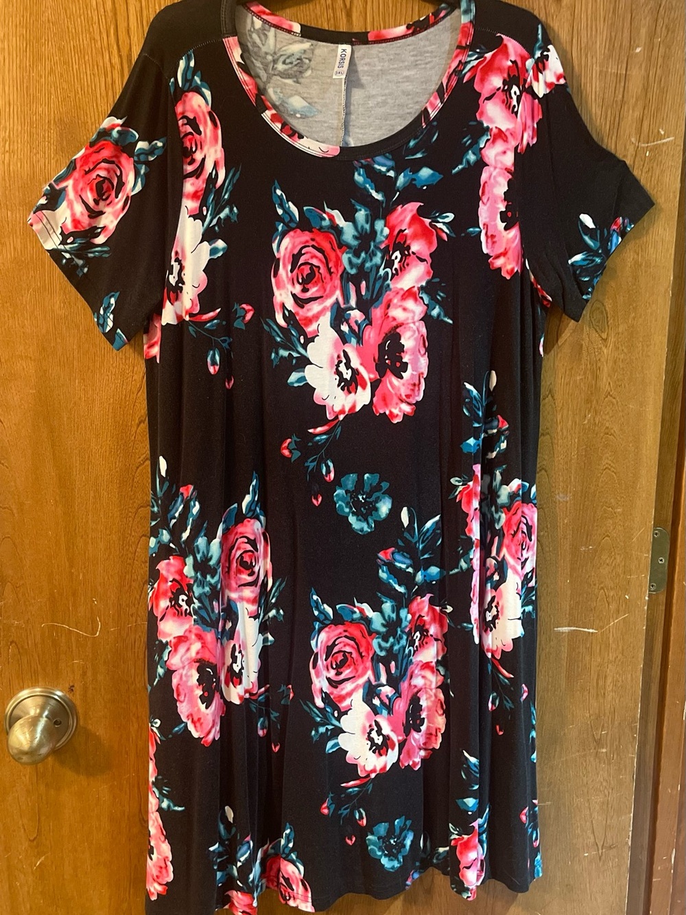 Navy Floral Knee Length T-Shirt Style Swing DRESS w/Pockets, 3XL Plus-size